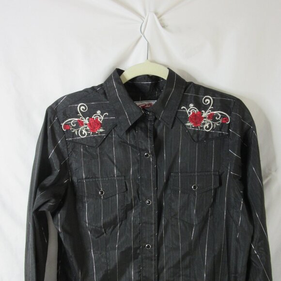 Roper Vintage Western Shirt Snap Black Silver Metallic Stripes Roses Size Medium - Picture 4 of 12